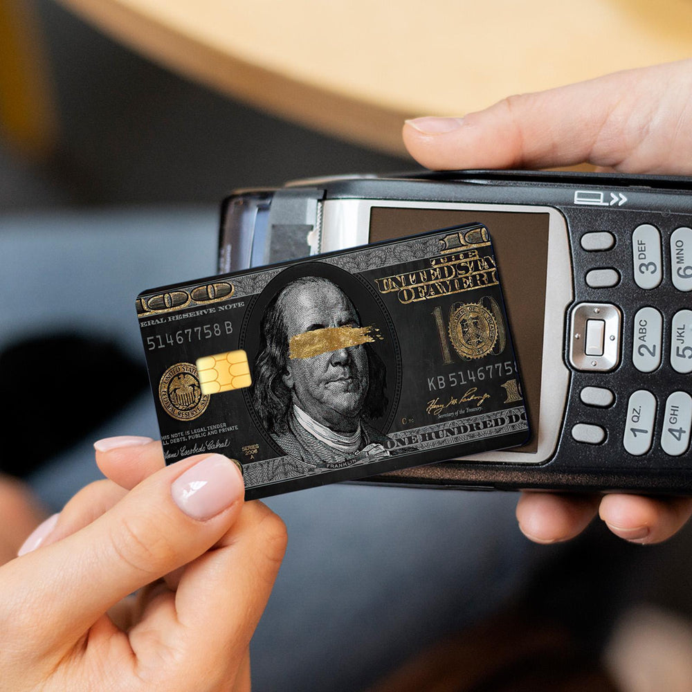 Black and Gold Benjamin Franklin Design Credit Card Skin Sticker - Elegant and Durable Card Cover for Luxurious Personalization